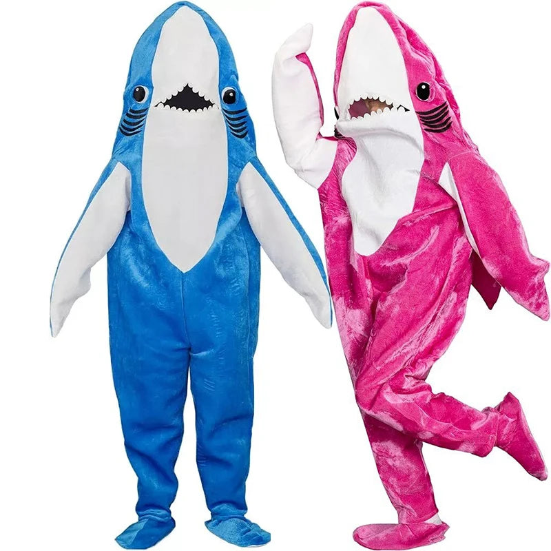 Left Shark Dancing Jumpsuit: Pink/Blue Unisex Halloween Mascot Costume