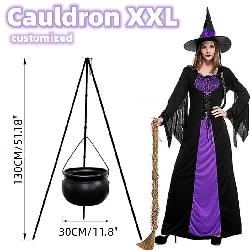 51in Halloween Decor Outdoor 12in Large Witch Cauldron on Tripod with Lights Black Plastic Bowl Party Hocus Pocus Candy Bucket