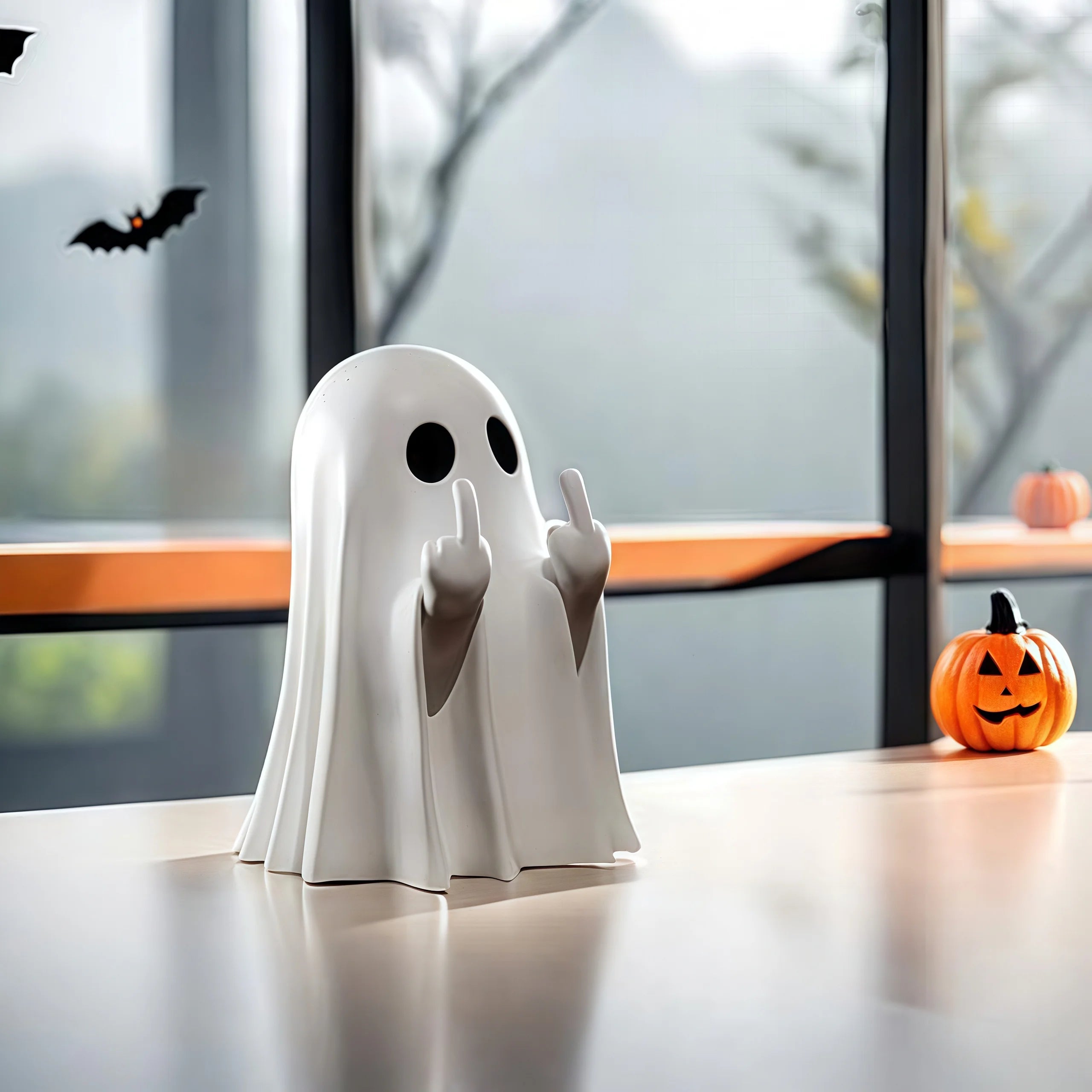 Cute Middle Finger Ghost Statue: Spooky Halloween Shelf Figurine