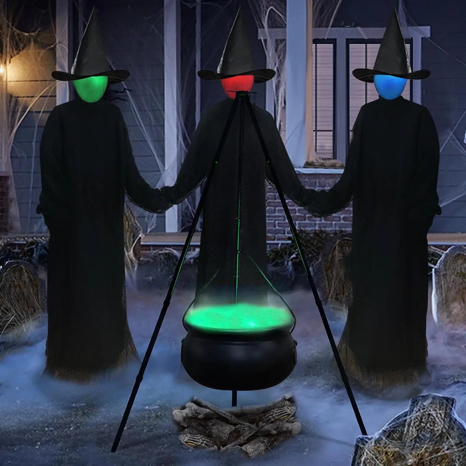 51in Halloween Decor Outdoor 12in Large Witch Cauldron on Tripod with Lights Black Plastic Bowl Party Hocus Pocus Candy Bucket