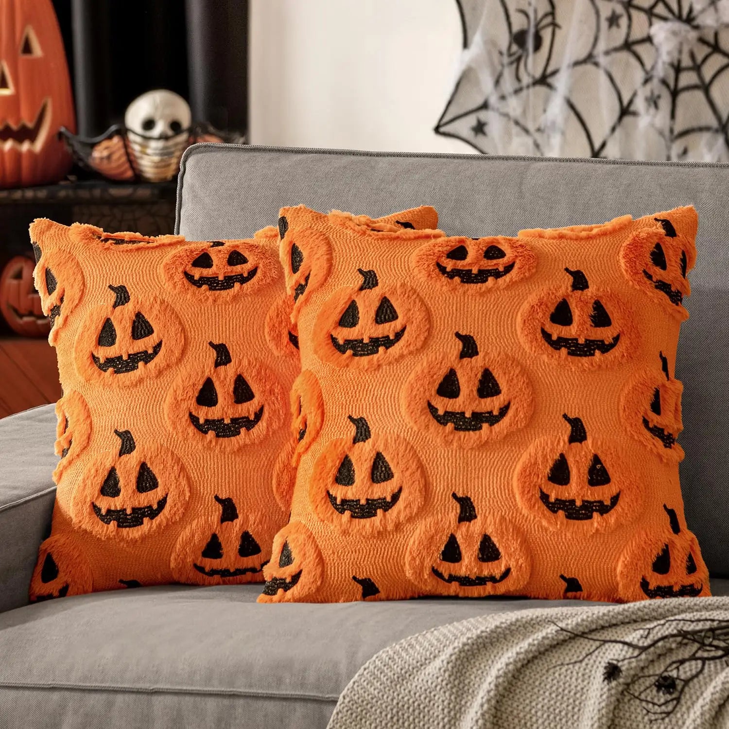 18x18 Halloween Pumpkin Pillow Cover: Plush Faux Wool Decor