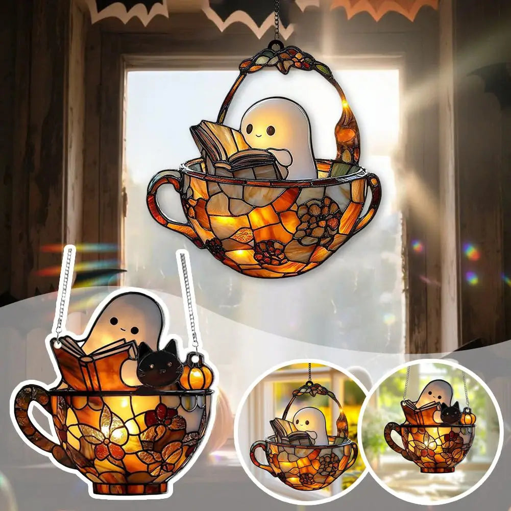 Ghost Reading Book Acrylic Suncatcher: Halloween Window Hanging