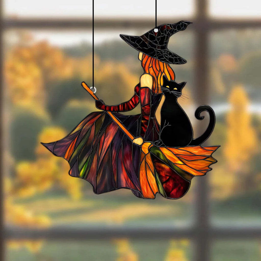 Gothic Witch & Black Cat Suncatcher: Halloween Window Ornament