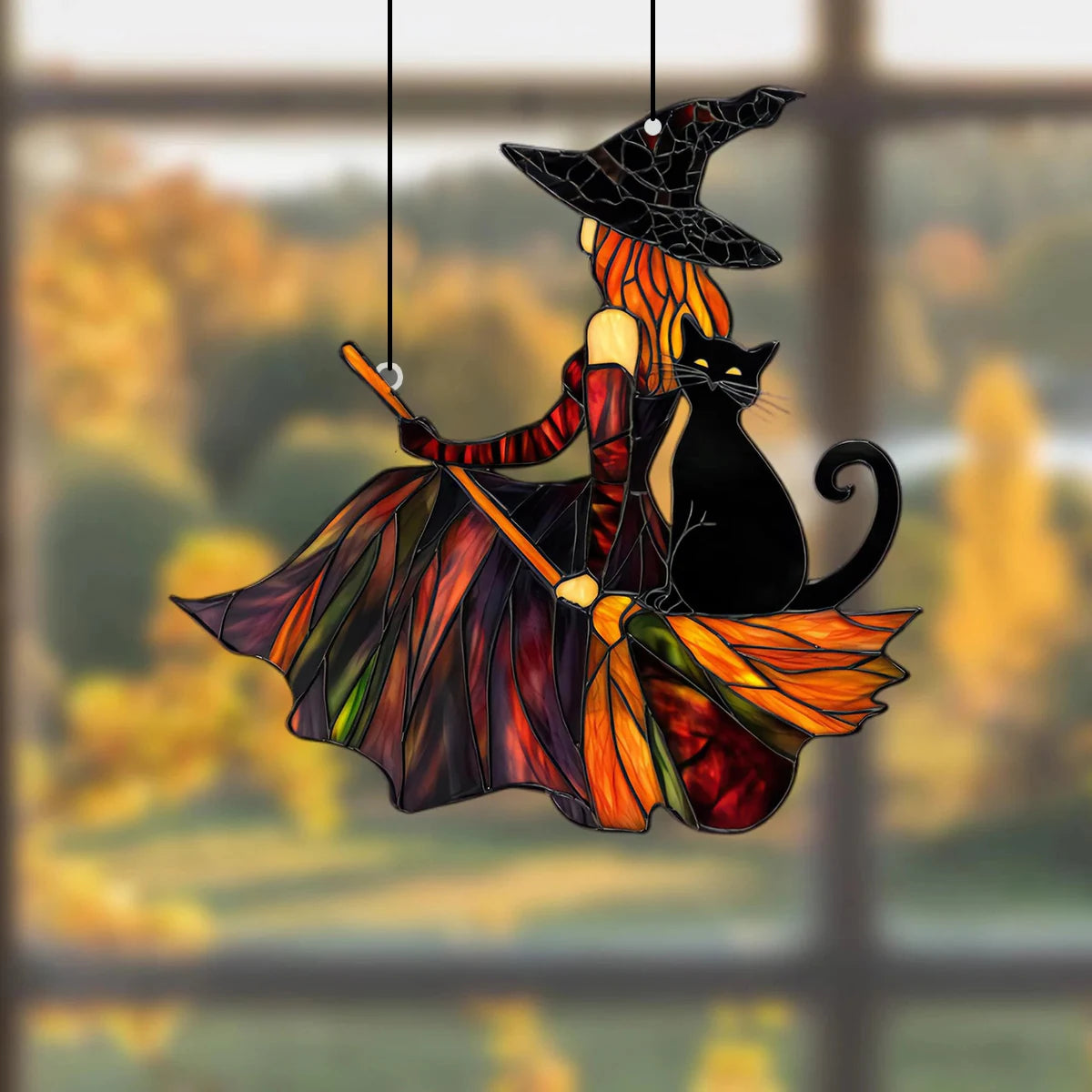 Gothic Witch & Black Cat Suncatcher: Halloween Window Ornament
