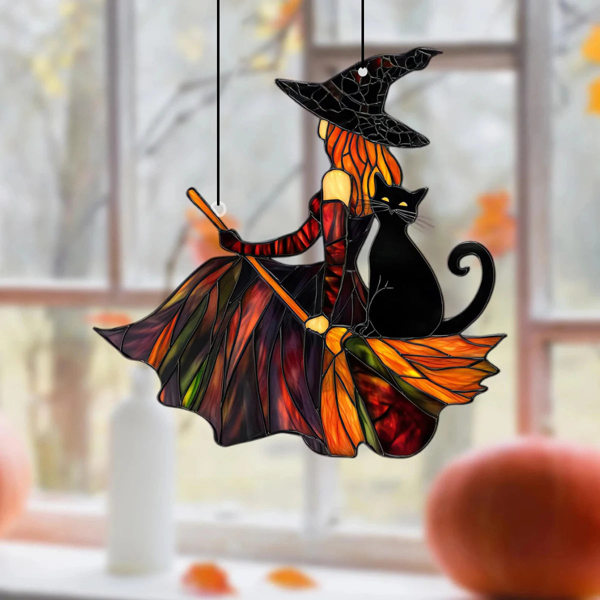 Gothic Witch & Black Cat Suncatcher: Halloween Window Ornament