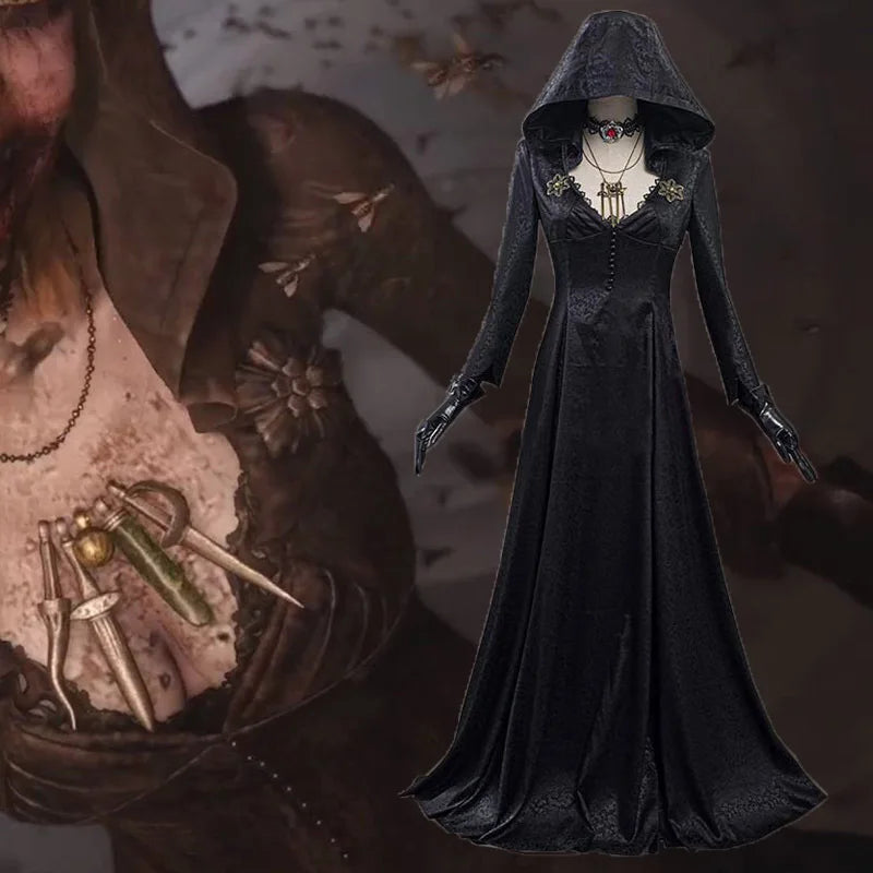 Lady Dimitrescu Daughter Cosplay: Gothic Black Hooded Vampire Dress