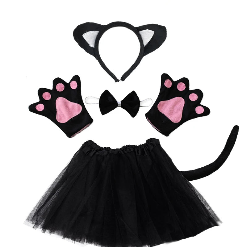 Children Party Props Girl Black Cat Ear Headband Tutu Skirt Tail Gloves Set