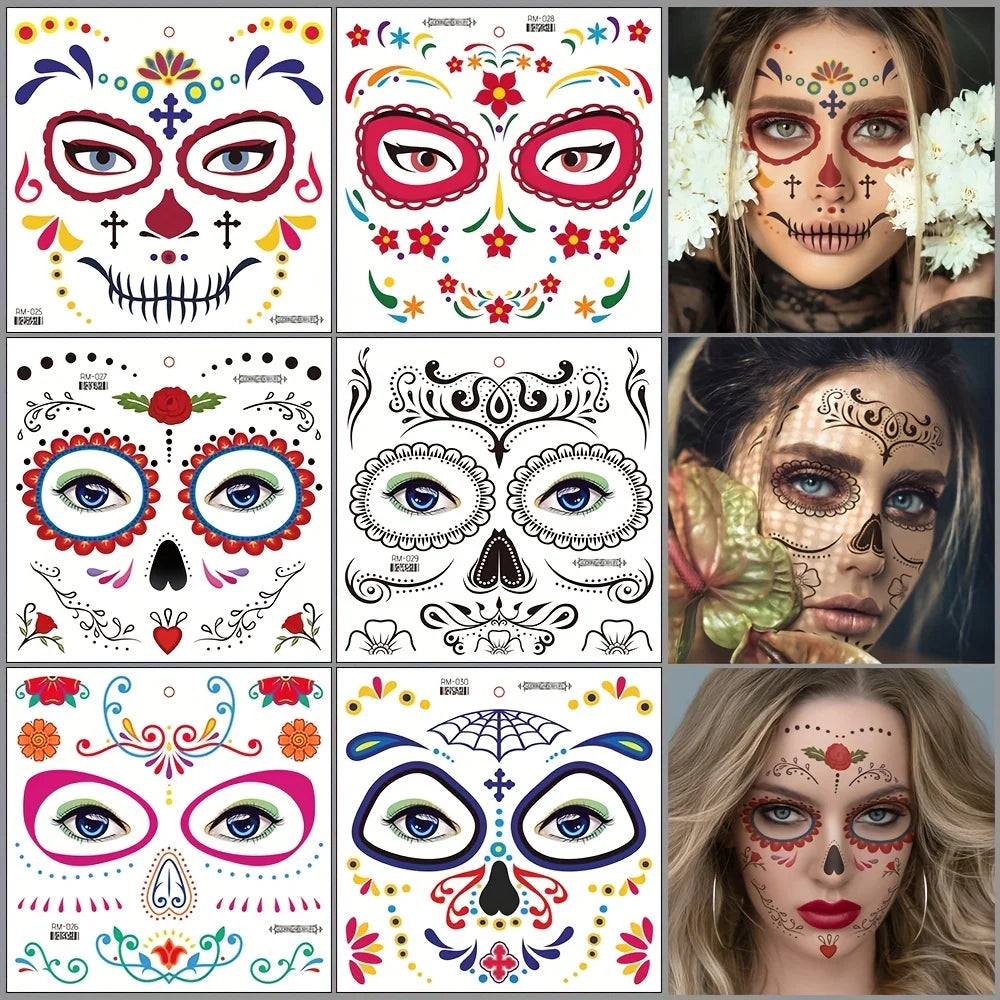 La Catrina Skull Face Tattoos: Waterproof Halloween Temporary Stickers