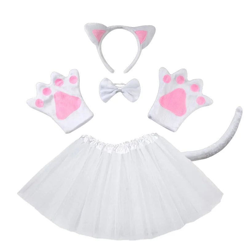 Children Party Props Girl Black Cat Ear Headband Tutu Skirt Tail Gloves Set
