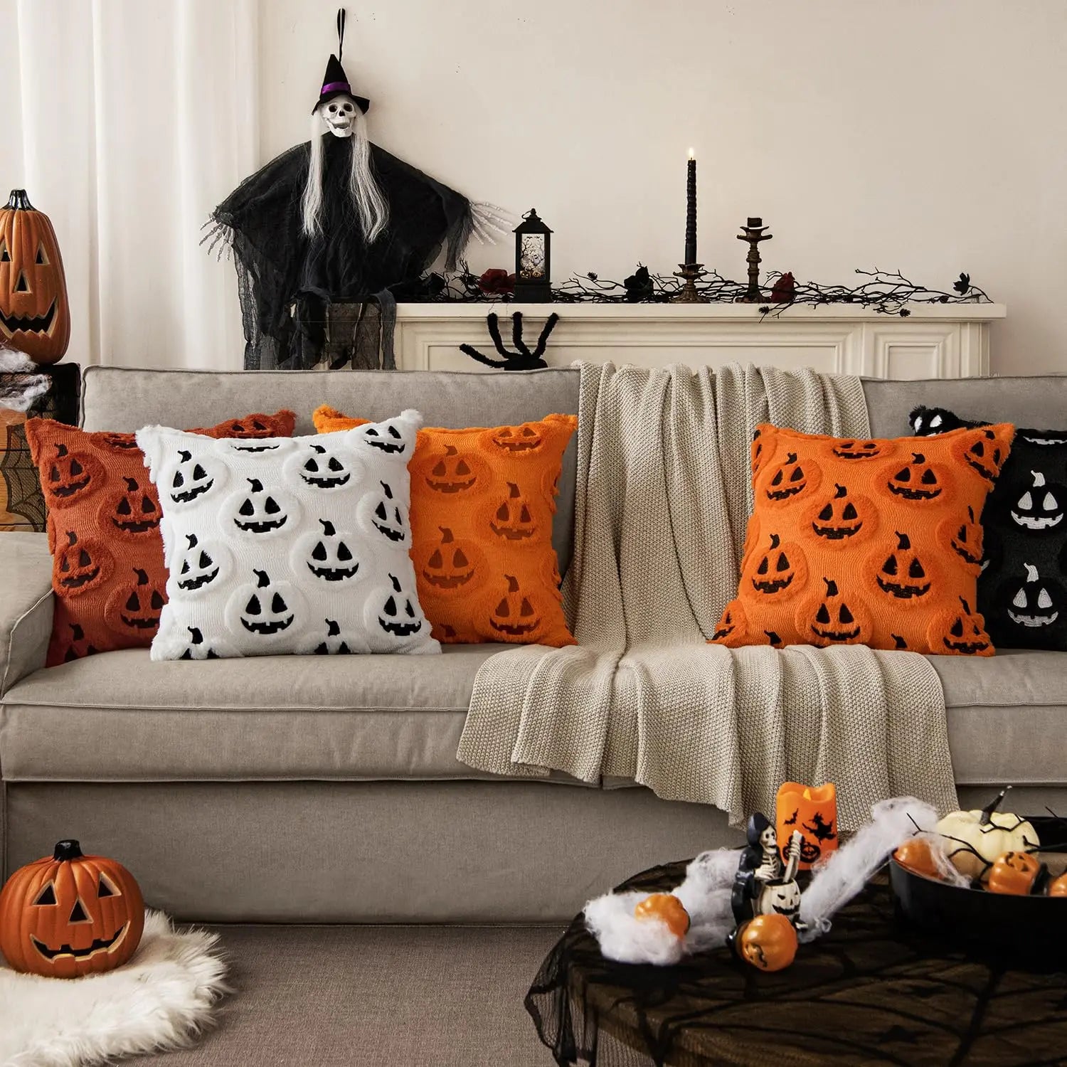 18x18 Halloween Pumpkin Pillow Cover: Plush Faux Wool Decor