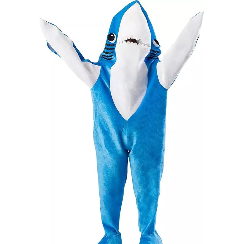 Left Shark Dancing Jumpsuit: Pink/Blue Unisex Halloween Mascot Costume