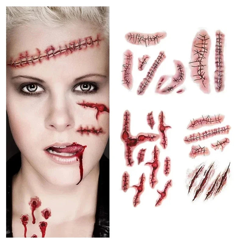 Zombie Scars Tattoos With Fake Bloody Makeup Halloween Decoration Wound Scary Blood Injury Tattoo Stickers