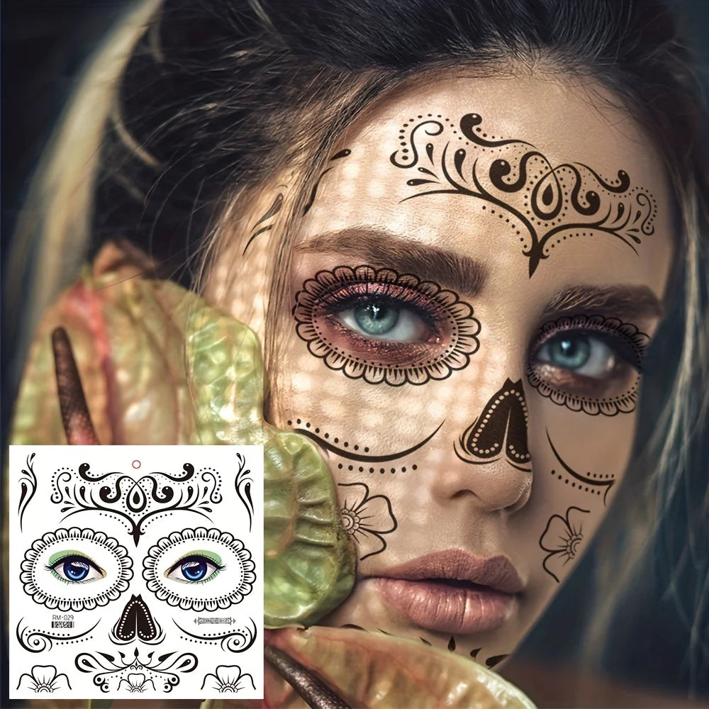 La Catrina Skull Face Tattoos: Waterproof Halloween Temporary Stickers