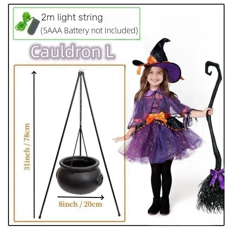 51in Halloween Decor Outdoor 12in Large Witch Cauldron on Tripod with Lights Black Plastic Bowl Party Hocus Pocus Candy Bucket