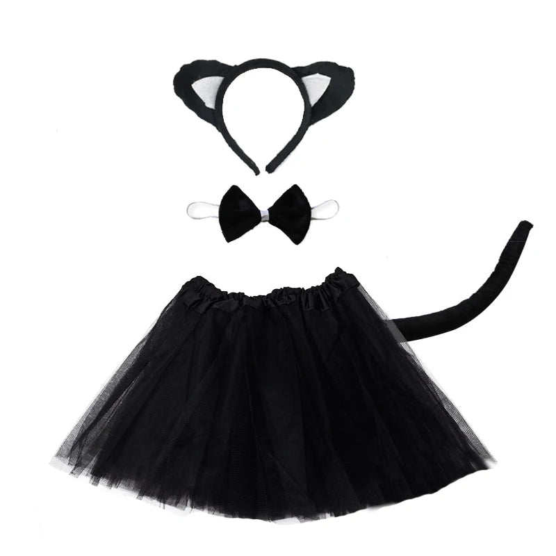 Children Party Props Girl Black Cat Ear Headband Tutu Skirt Tail Gloves Set