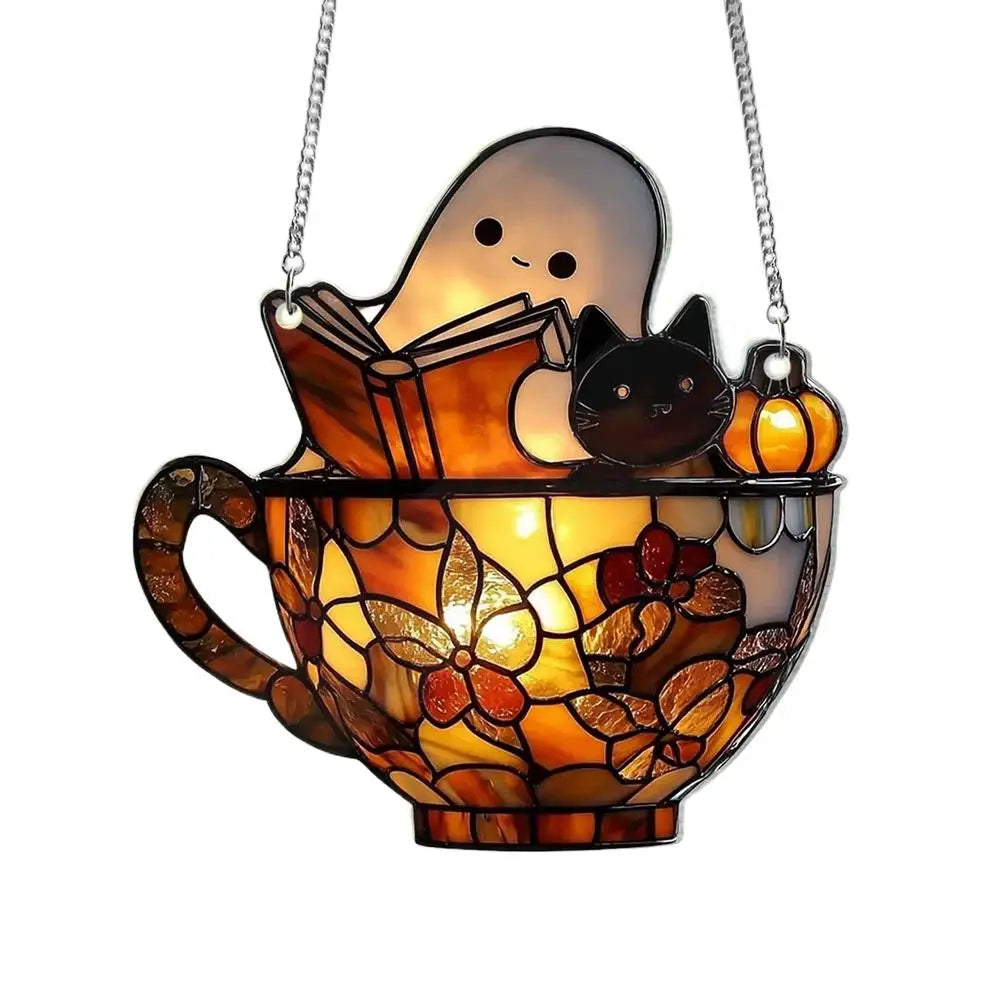 Ghost Reading Book Acrylic Suncatcher: Halloween Window Hanging