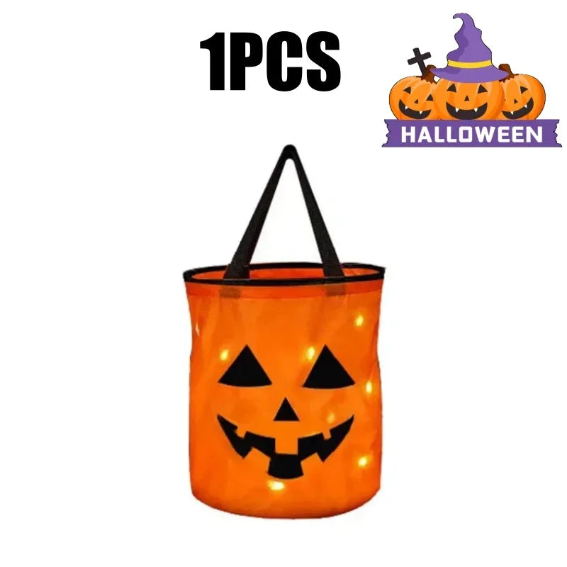 LED Light-Up Pumpkin Trick-or-Treat Bucket: Collapsible Candy Bag