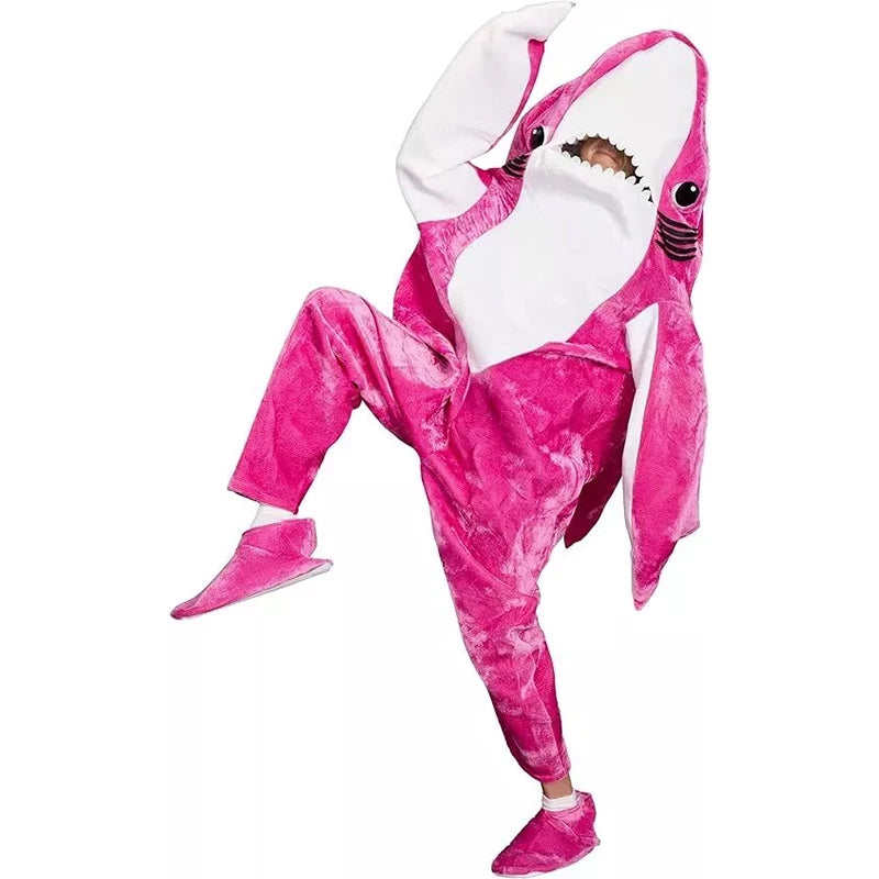 Left Shark Dancing Jumpsuit: Pink/Blue Unisex Halloween Mascot Costume