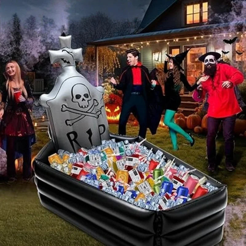 Inflatable Coffin Tombstone Ice Bucket: Skeleton Halloween Beverage Cooler