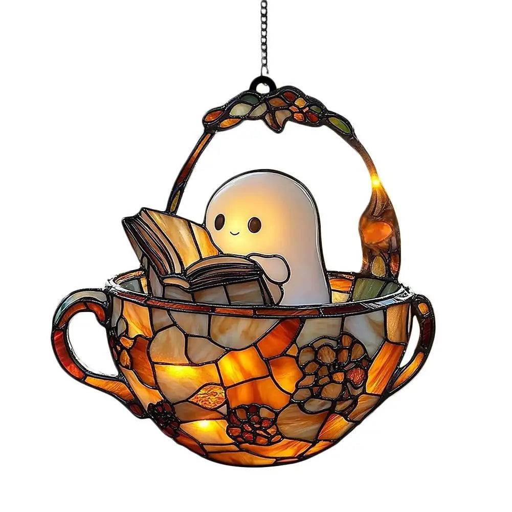 Ghost Reading Book Acrylic Suncatcher: Halloween Window Hanging