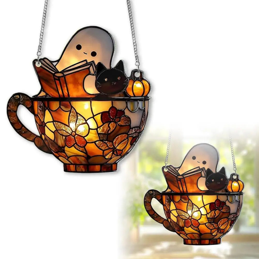 Ghost Reading Book Acrylic Suncatcher: Halloween Window Hanging