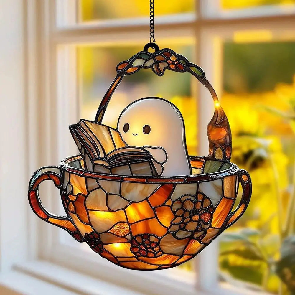Ghost Reading Book Acrylic Suncatcher: Halloween Window Hanging