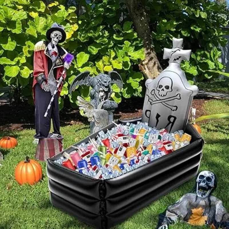Inflatable Coffin Tombstone Ice Bucket: Skeleton Halloween Beverage Cooler