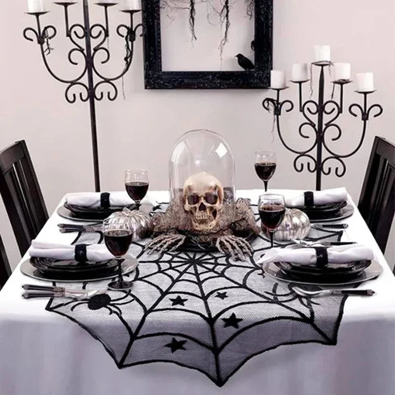 Lace Spider Web Skull Tablecloth: Halloween Party Decor