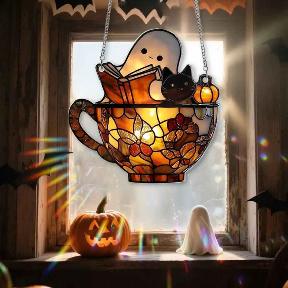 Ghost Reading Book Acrylic Suncatcher: Halloween Window Hanging
