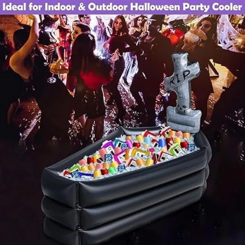 Inflatable Coffin Tombstone Ice Bucket: Skeleton Halloween Beverage Cooler