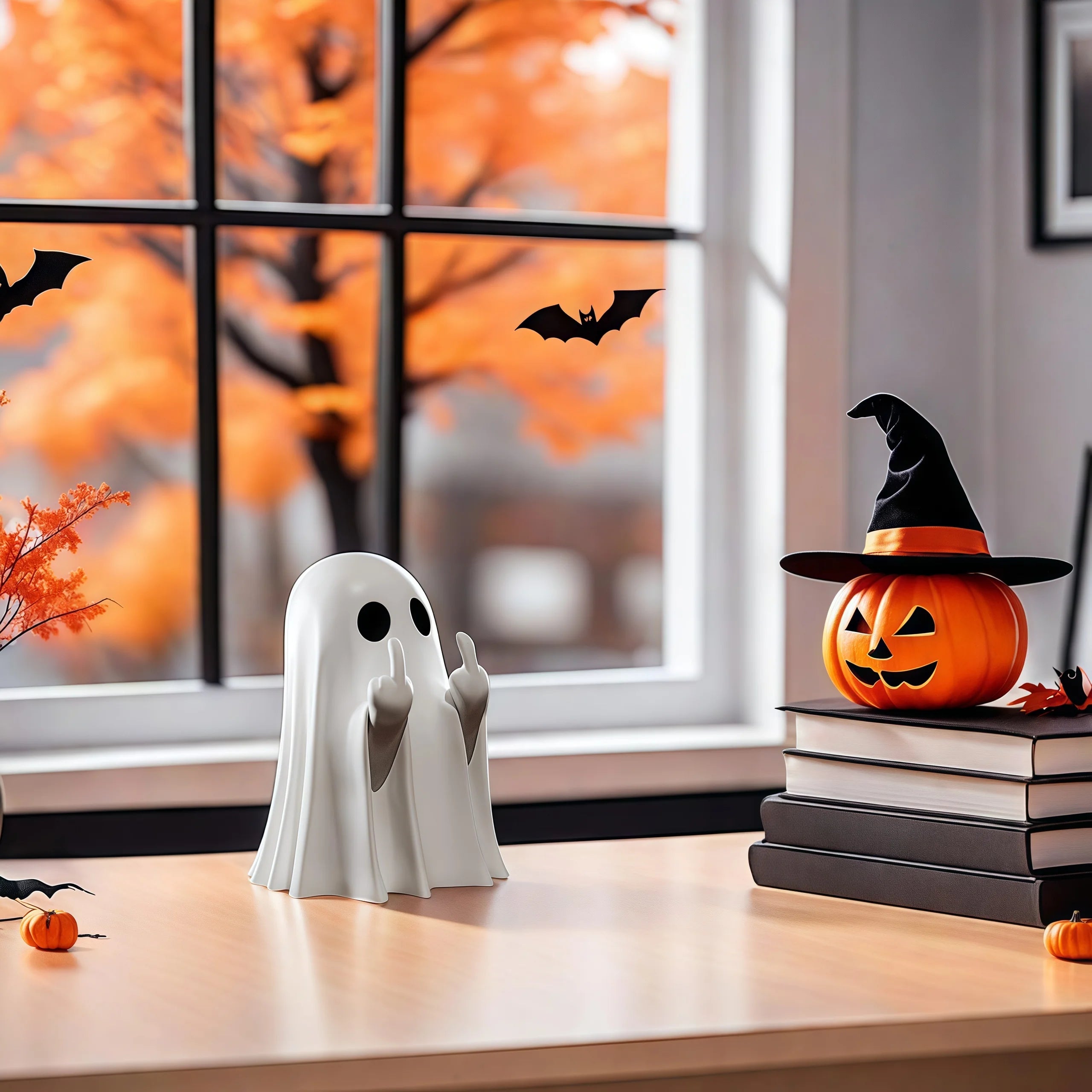 Cute Middle Finger Ghost Statue: Spooky Halloween Shelf Figurine