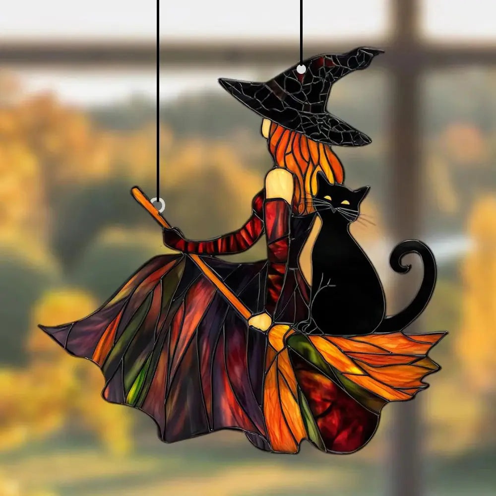 Gothic Witch & Black Cat Suncatcher: Halloween Window Ornament