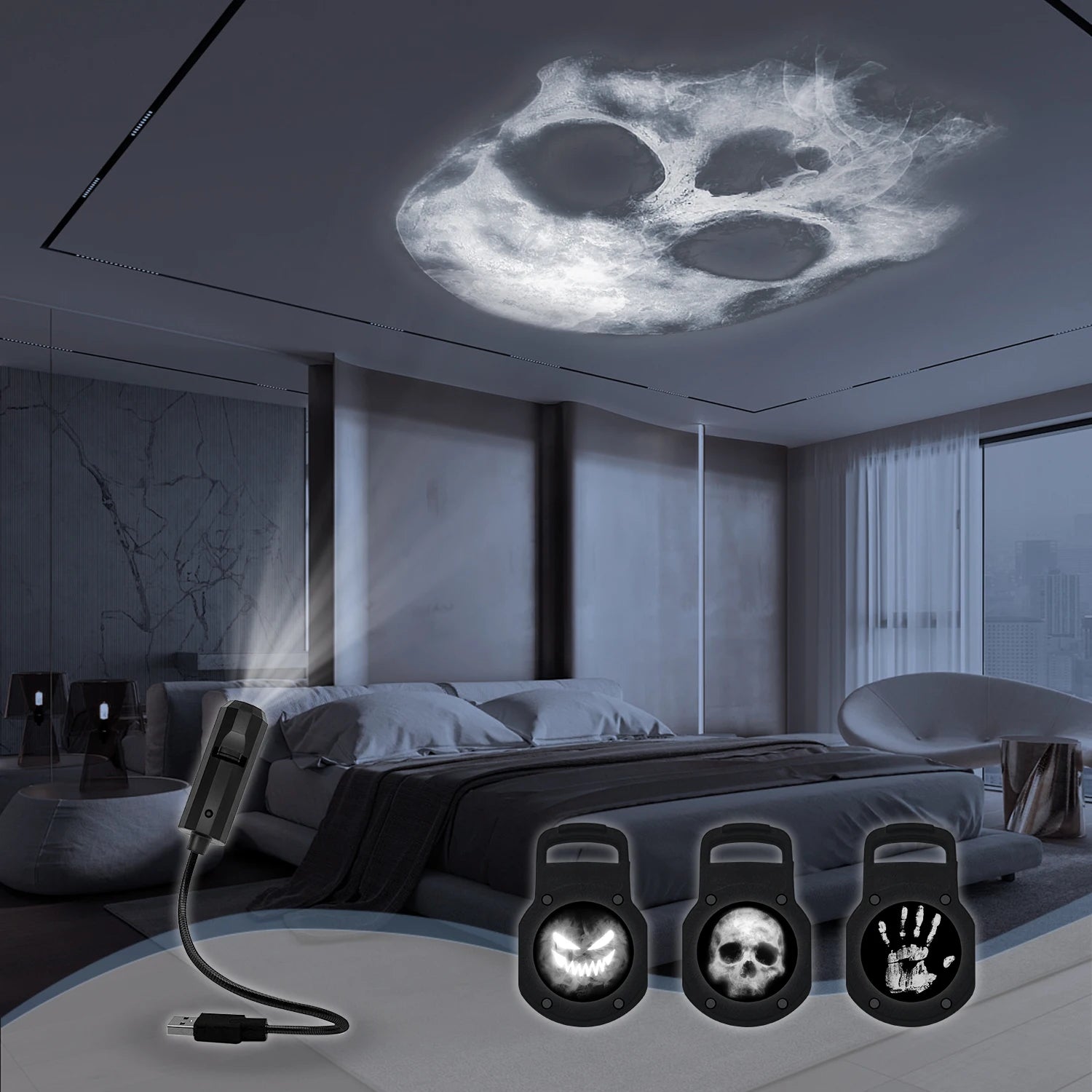 Skull Projection LED Night Light: 1+3 Switchable Patterns
