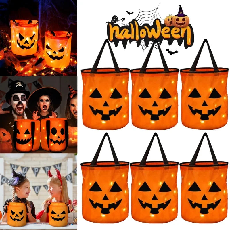 LED Light-Up Pumpkin Trick-or-Treat Bucket: Collapsible Candy Bag
