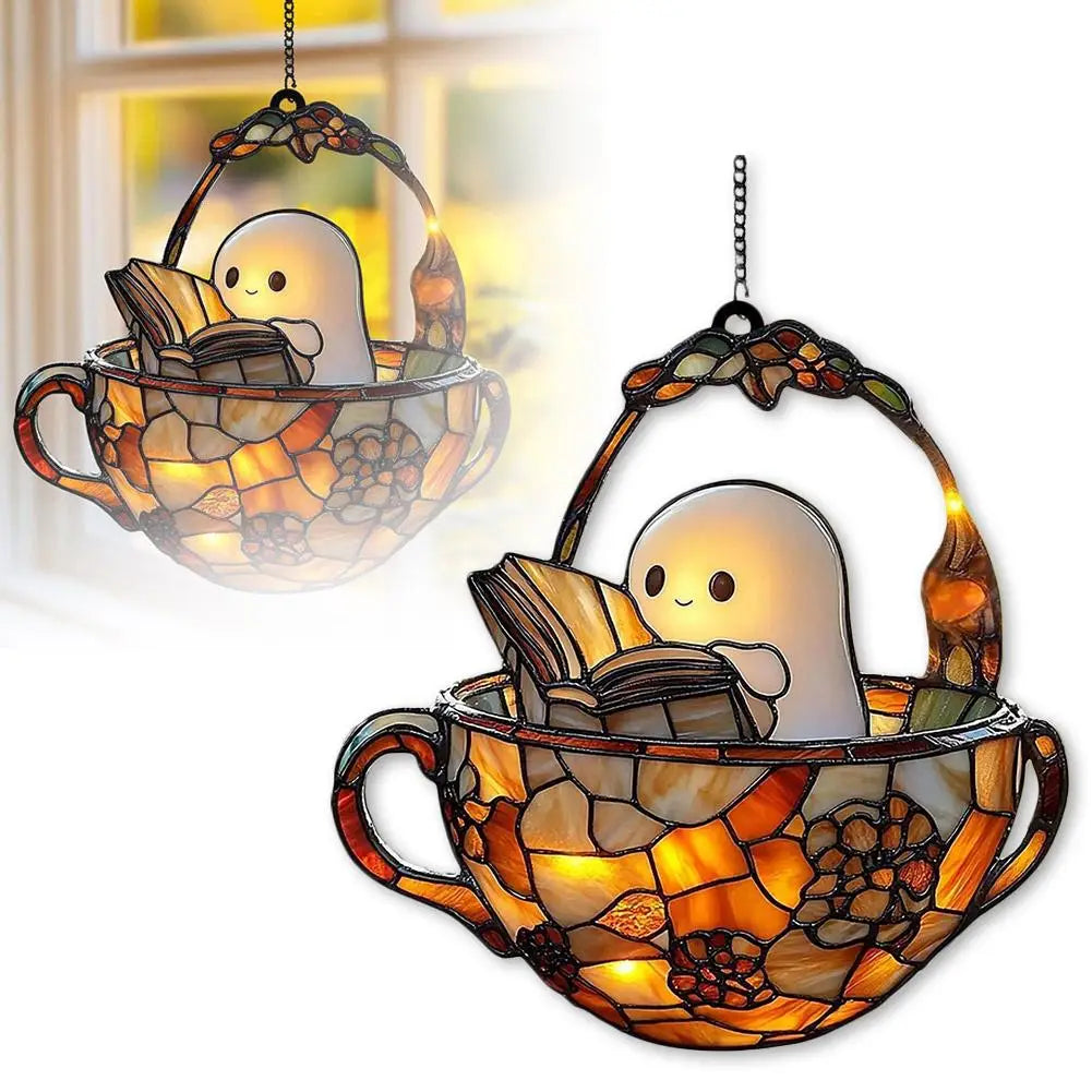 Ghost Reading Book Acrylic Suncatcher: Halloween Window Hanging
