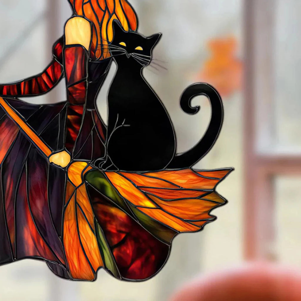 Gothic Witch & Black Cat Suncatcher: Halloween Window Ornament