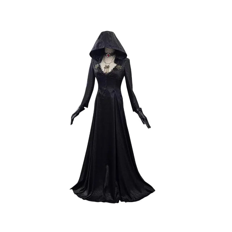 Lady Dimitrescu Daughter Cosplay: Gothic Black Hooded Vampire Dress