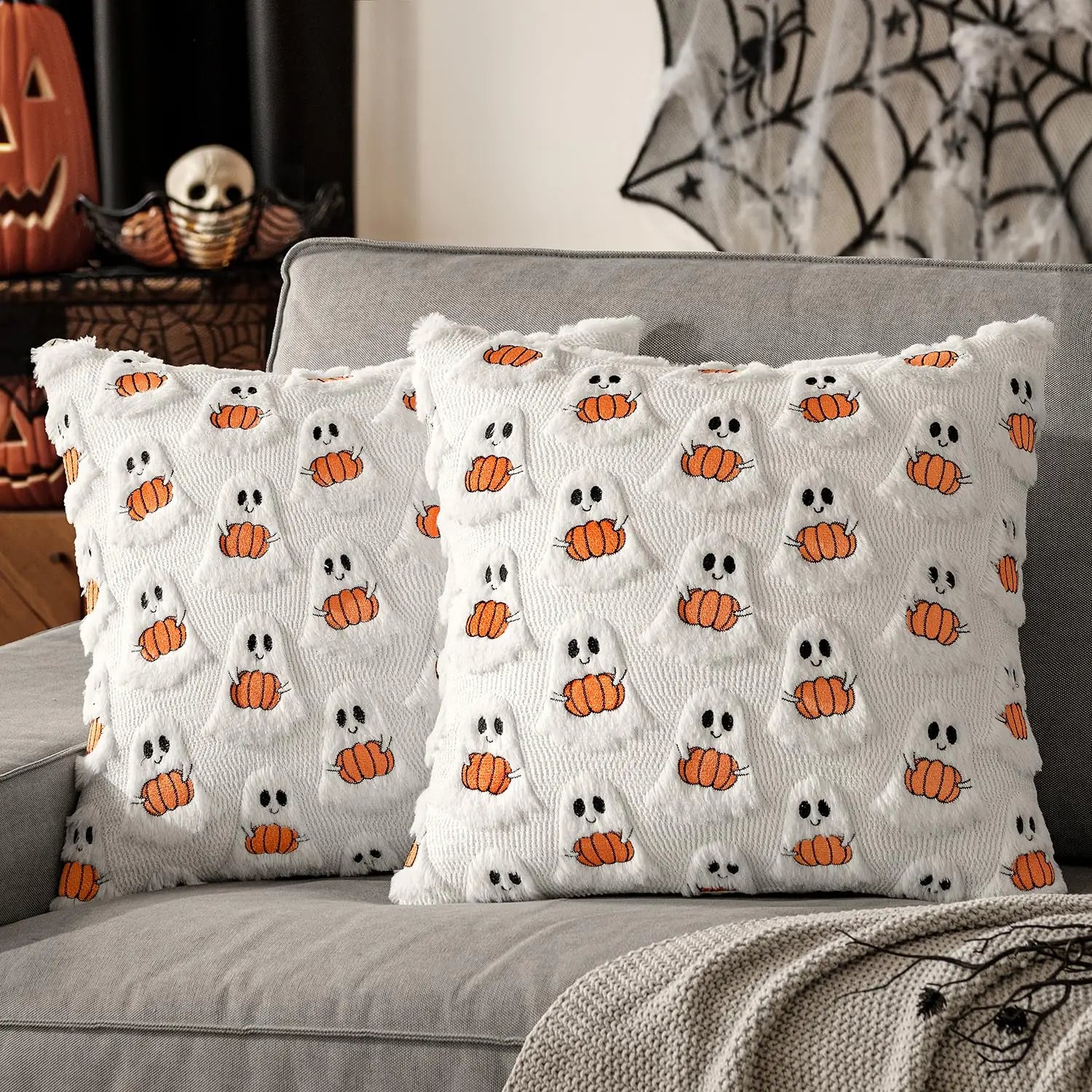 18x18 Halloween Pumpkin Pillow Cover: Plush Faux Wool Decor