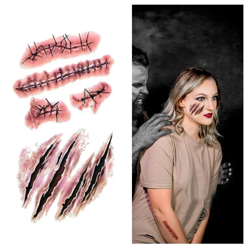 Zombie Scars Tattoos With Fake Bloody Makeup Halloween Decoration Wound Scary Blood Injury Tattoo Stickers