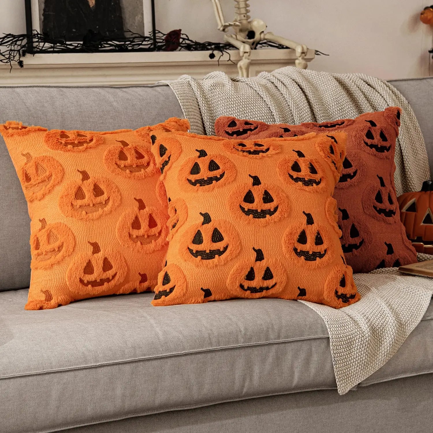 18x18 Halloween Pumpkin Pillow Cover: Plush Faux Wool Decor