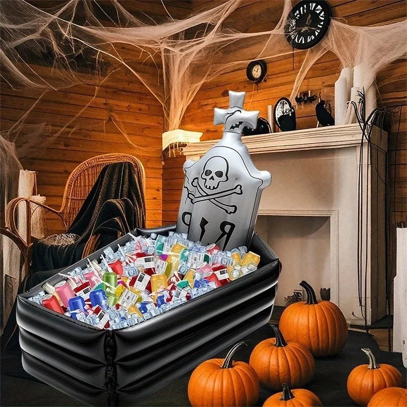 Inflatable Coffin Tombstone Ice Bucket: Skeleton Halloween Beverage Cooler