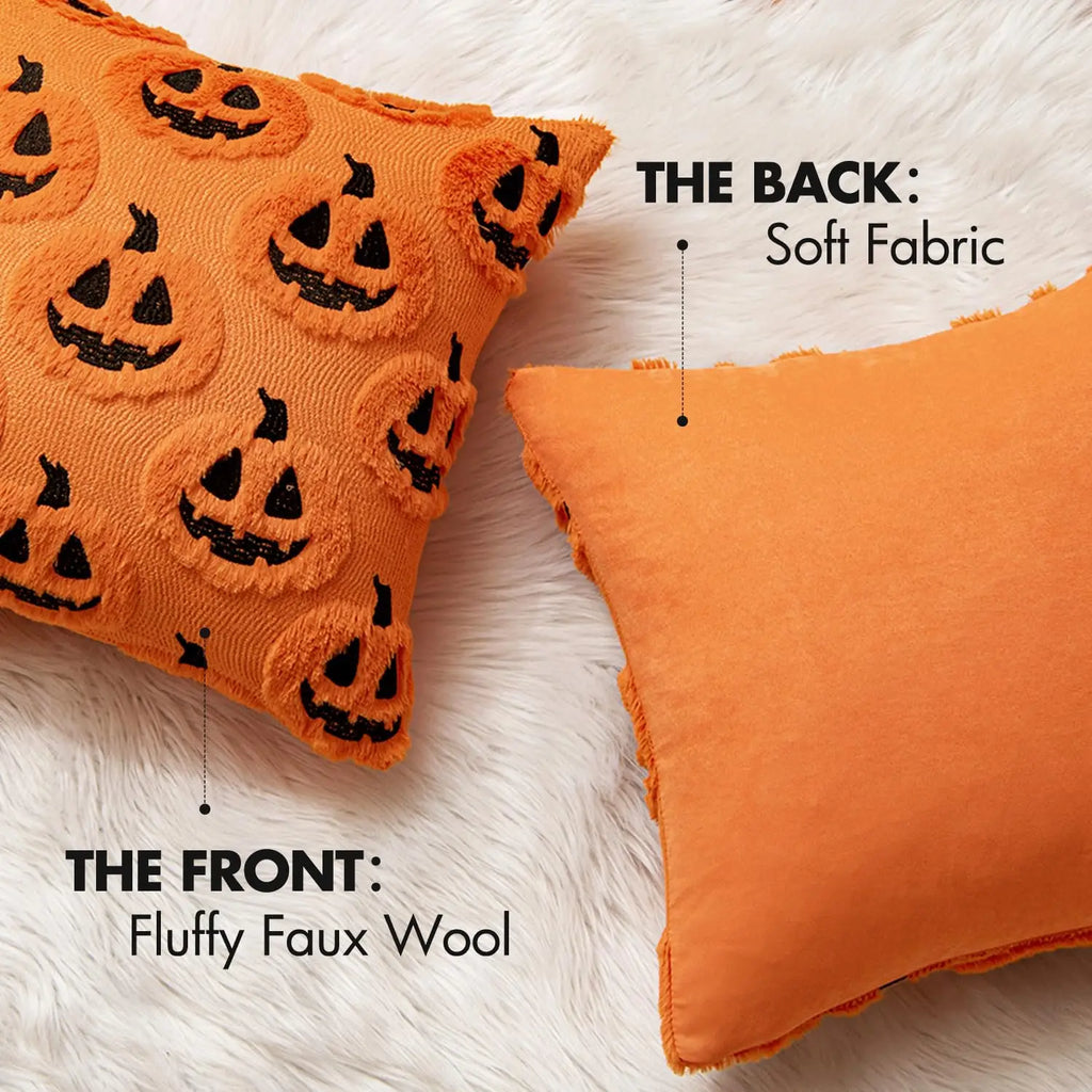 18x18 Halloween Pumpkin Pillow Cover: Plush Faux Wool Decor