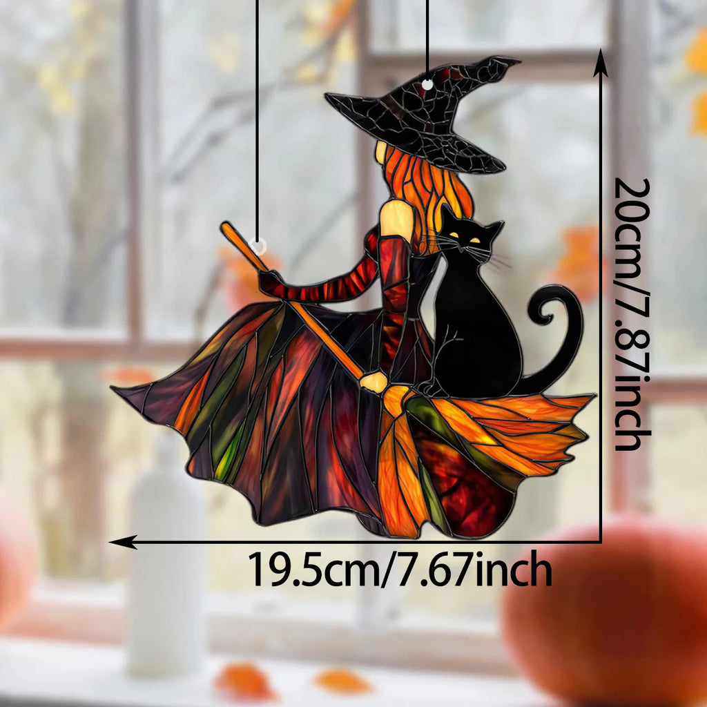 Gothic Witch & Black Cat Suncatcher: Halloween Window Ornament