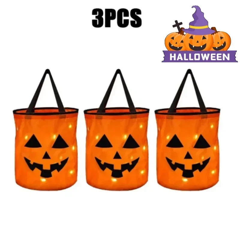 LED Light-Up Pumpkin Trick-or-Treat Bucket: Collapsible Candy Bag