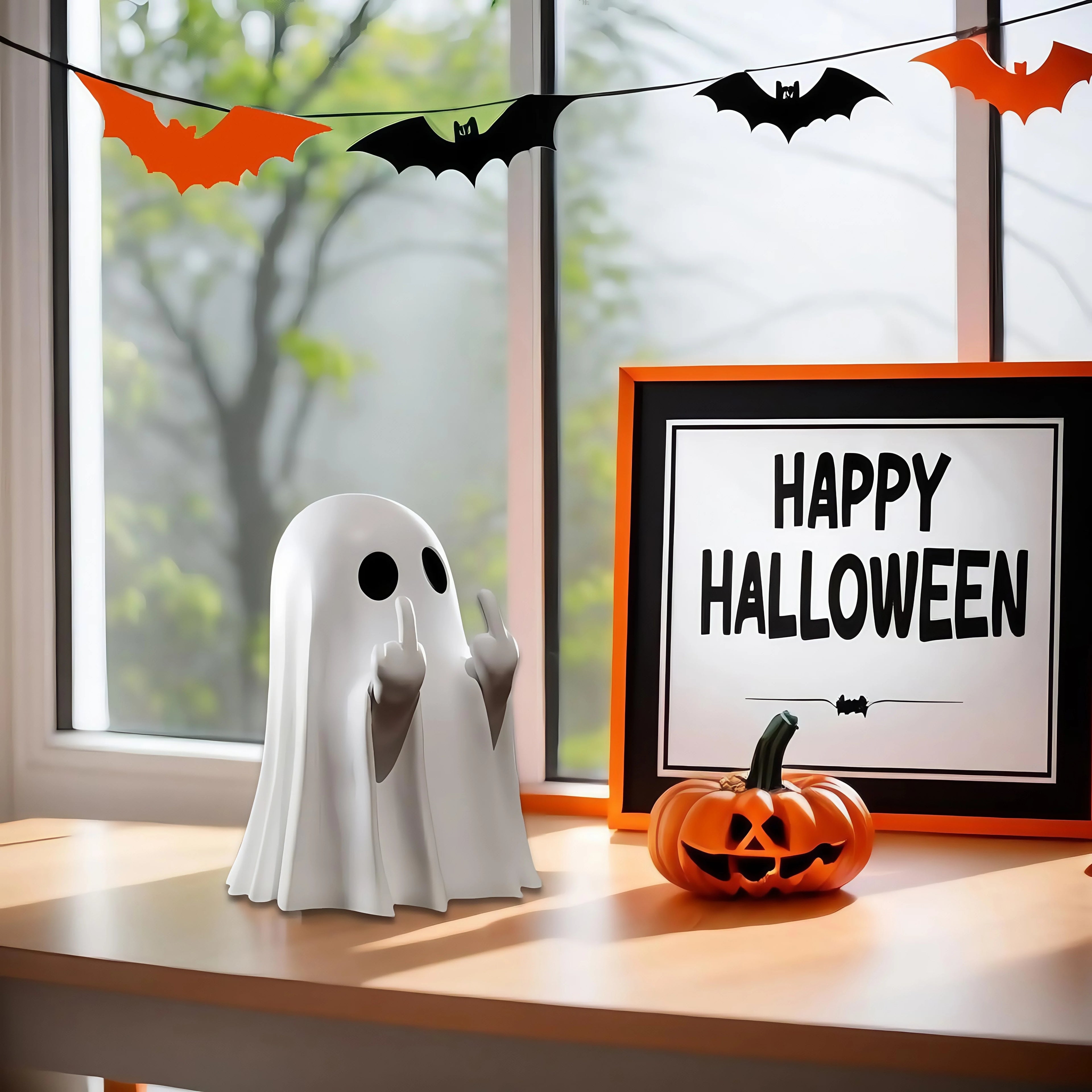 Cute Middle Finger Ghost Statue: Spooky Halloween Shelf Figurine