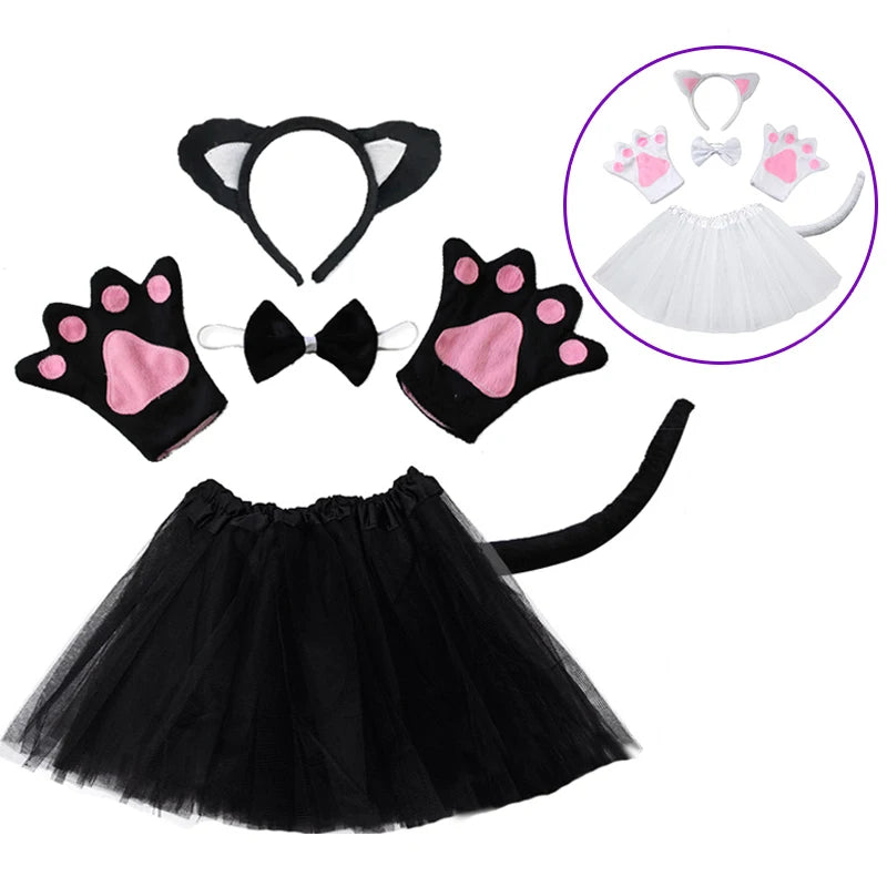 Children Party Props Girl Black Cat Ear Headband Tutu Skirt Tail Gloves Set