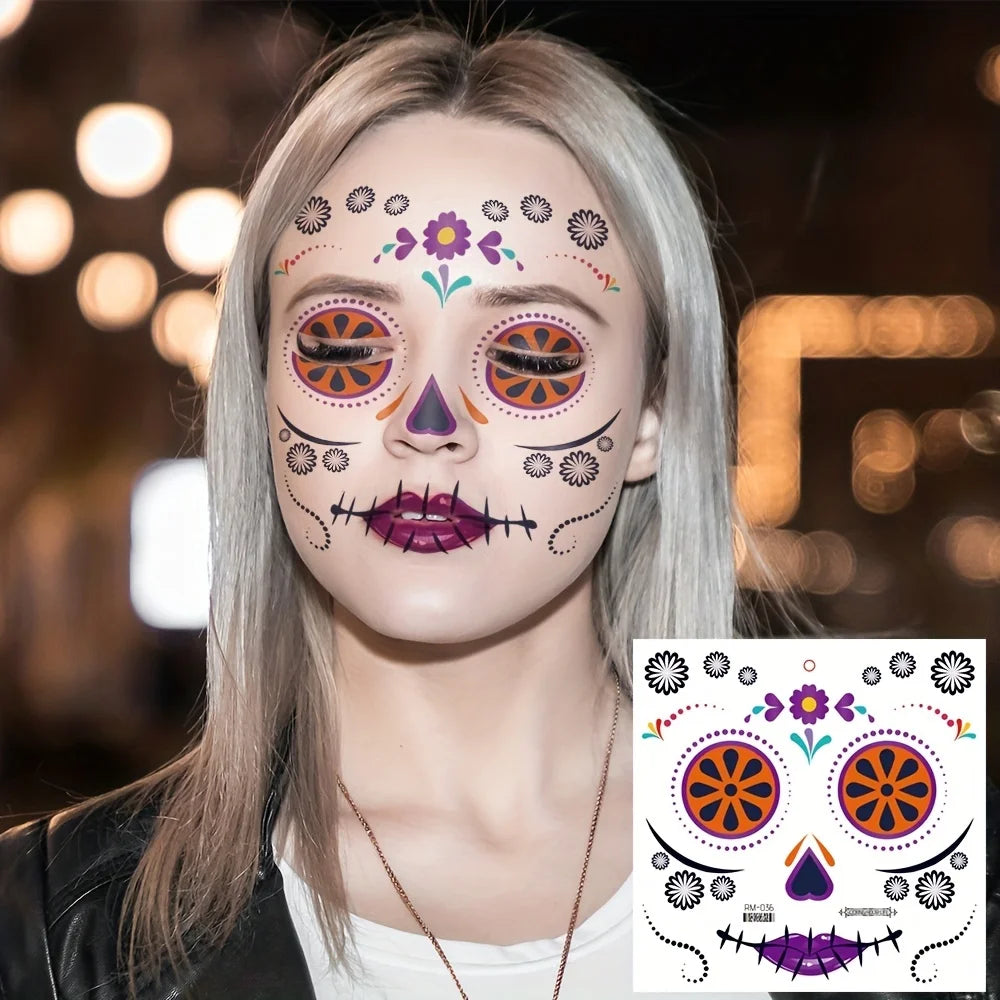 La Catrina Skull Face Tattoos: Waterproof Halloween Temporary Stickers